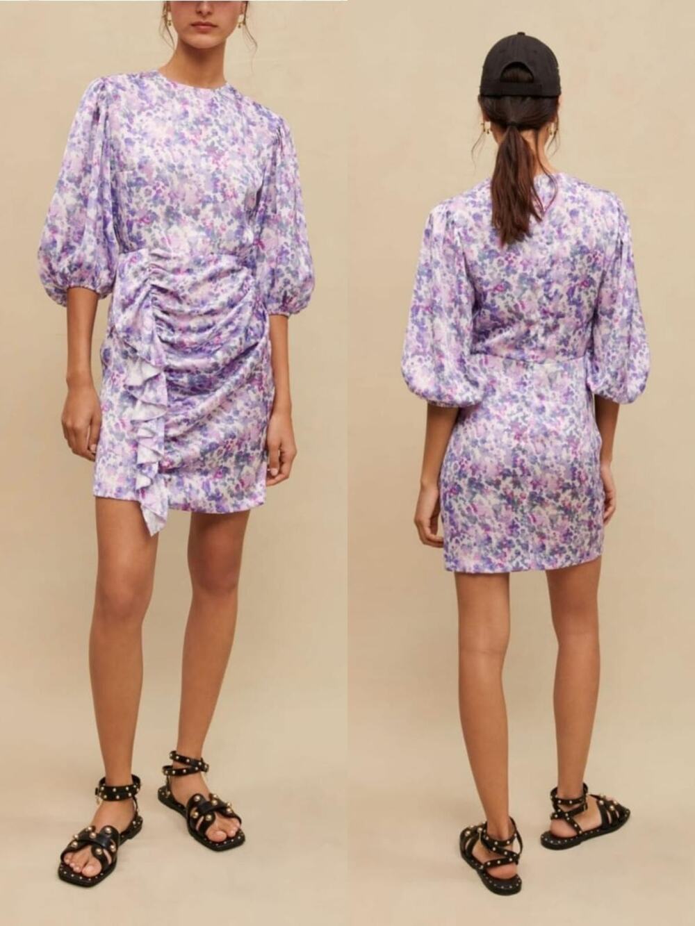 NWT Maje Ruvard Floral Rushed Ruffle 3/4 Sleeves Sheath mini Dress Size 36